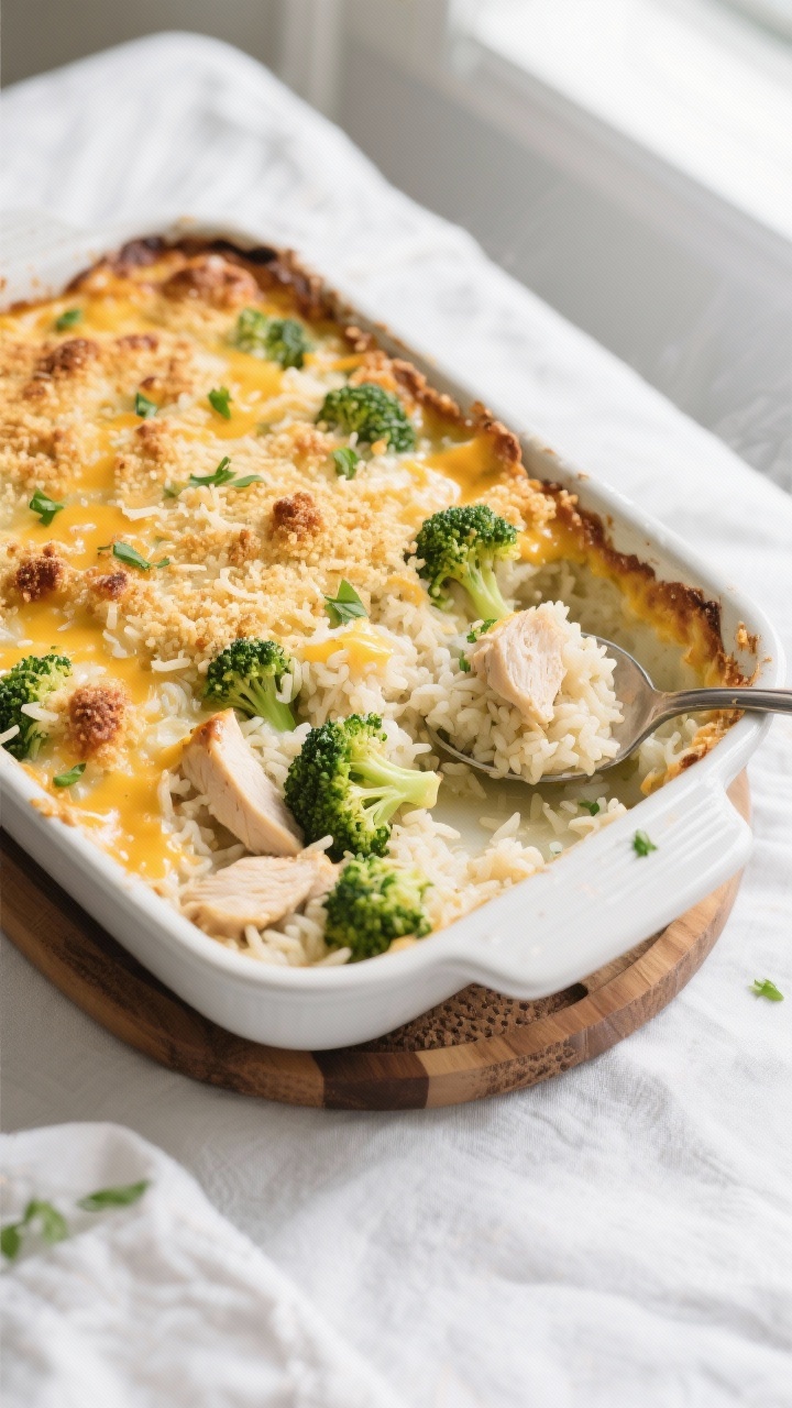 Overhead shot of the freshly baked Chicken and Broccoli Rice Casserole just out of the oven in a 9x1