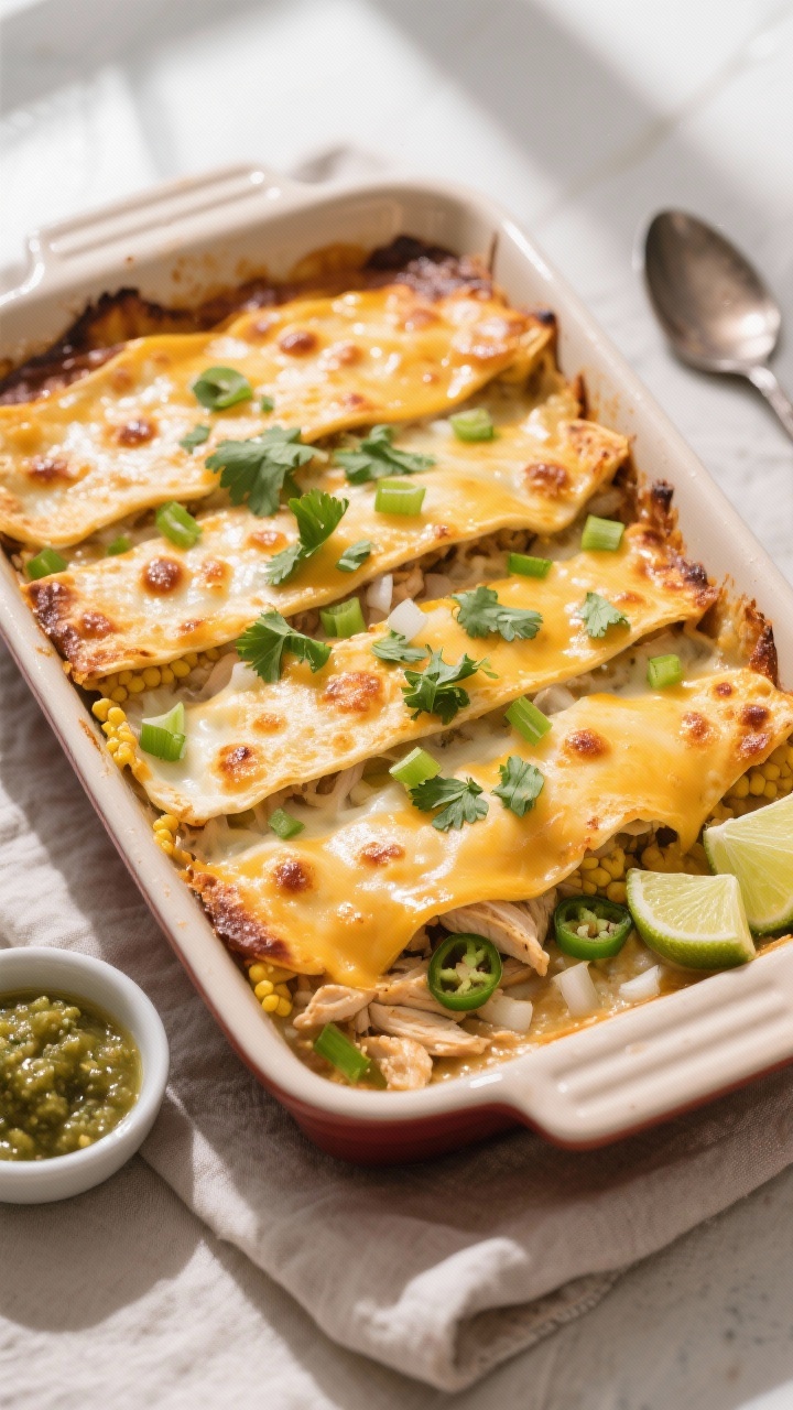 Overhead shot of the layered creamy chicken enchilada casserole just out of the oven, uncovered for 