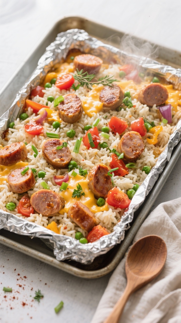 Overhead shot of the sausage and rice casserole just out of the oven, foil pulled back, steam visibl