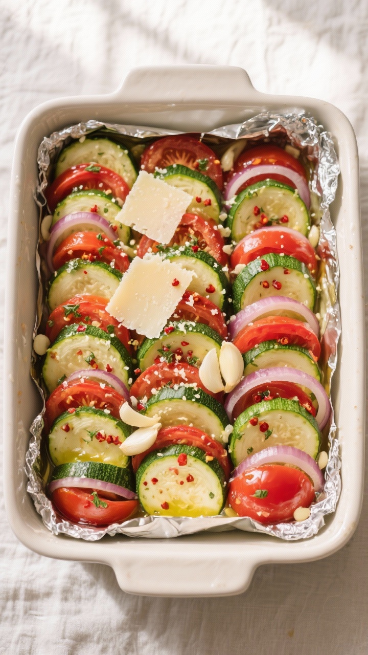 Overhead shot of the zucchini tomato casserole just after the foil is removed and before the final b