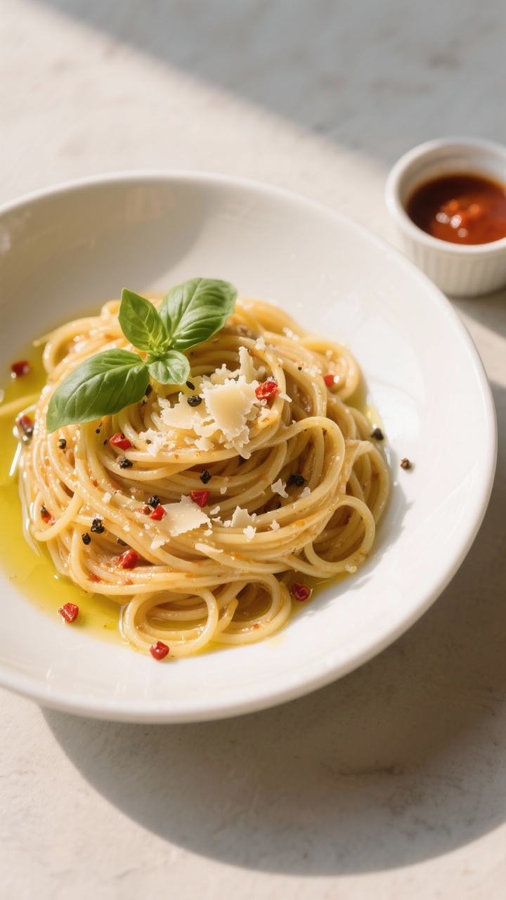 Tasty top view and final dish: Overhead shot of spaghetti twirled and coated in the finished sauce, 