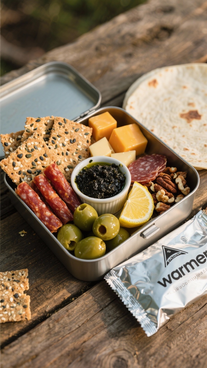Tasty top view: Overhead shot of a composed savory camp snack box ready to eat—seeded crispbreads,