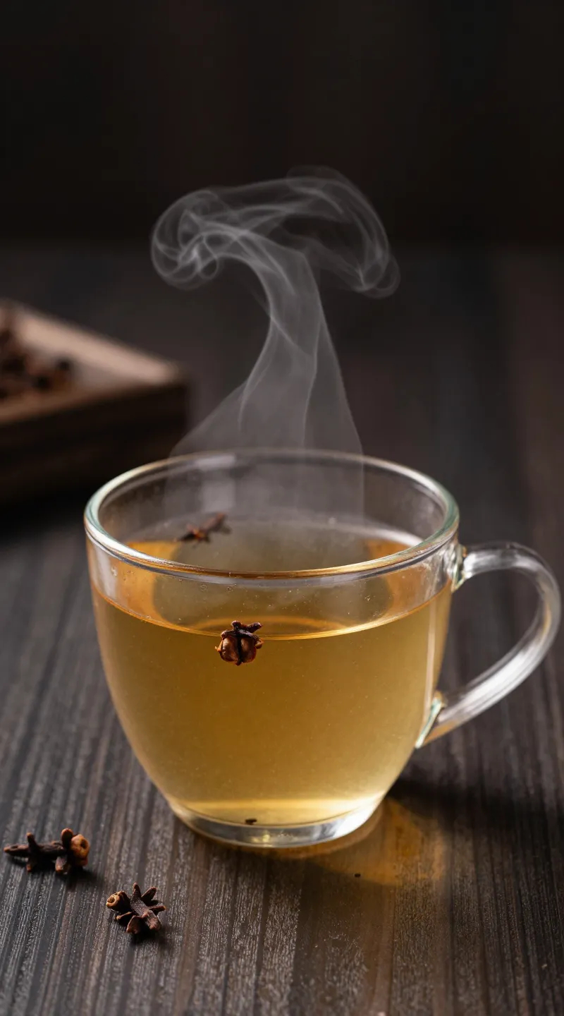 steaming clove tea in clear mug, whole cloves, dark wood