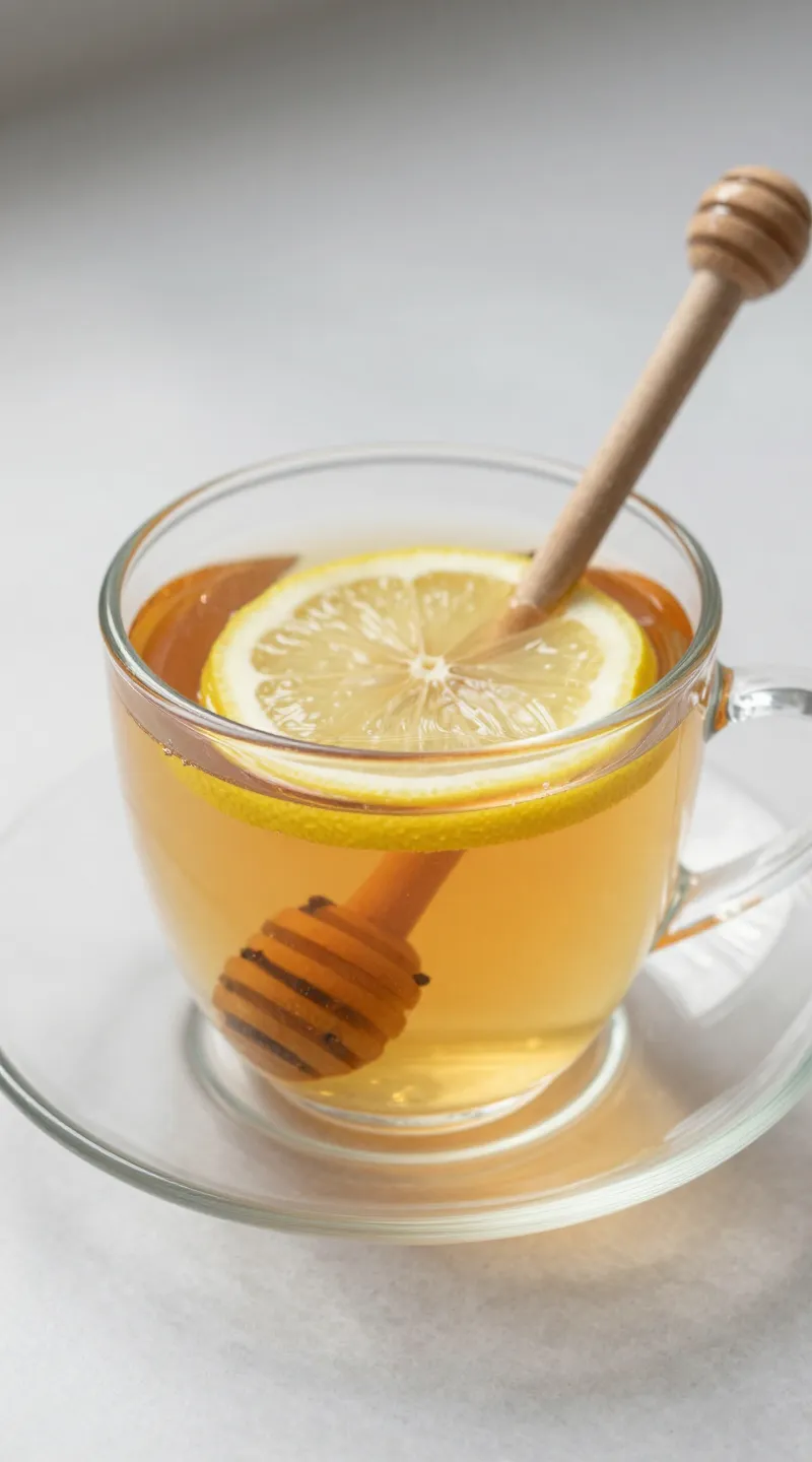 clove tea with lemon slice and honey dipper, soft morning light