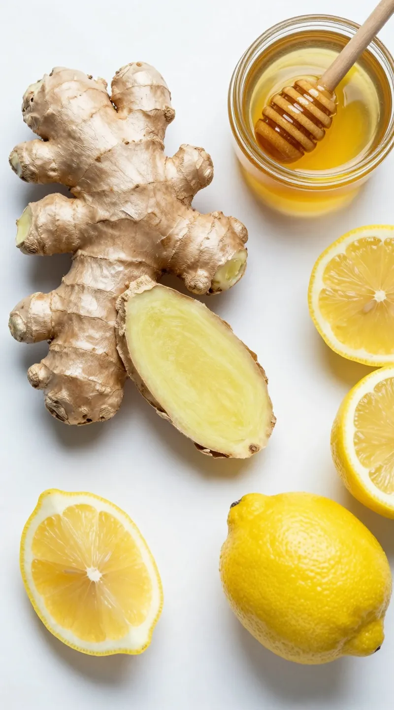 sliced ginger, lemon wedges, and honey dipper overhead