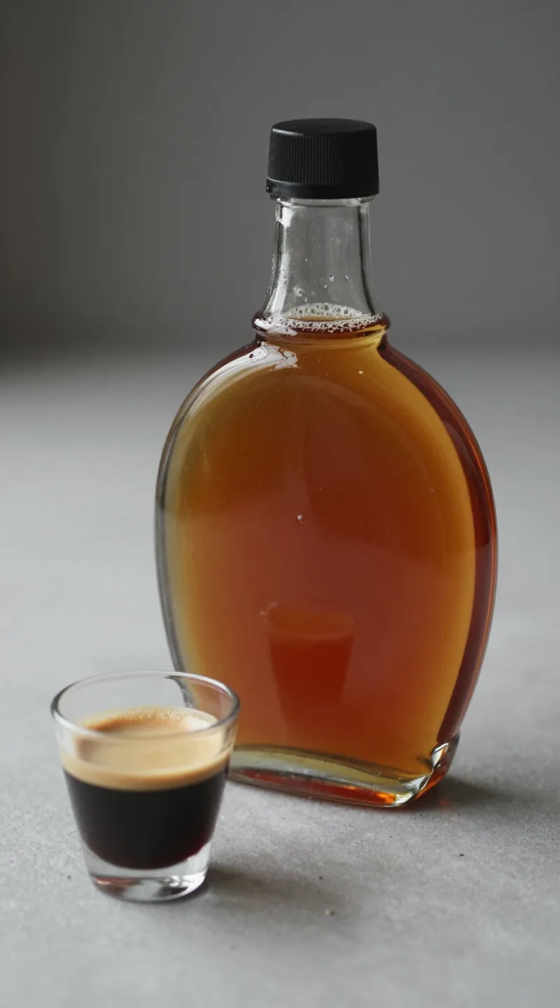 molasses gingerbread syrup bottle beside espresso shot