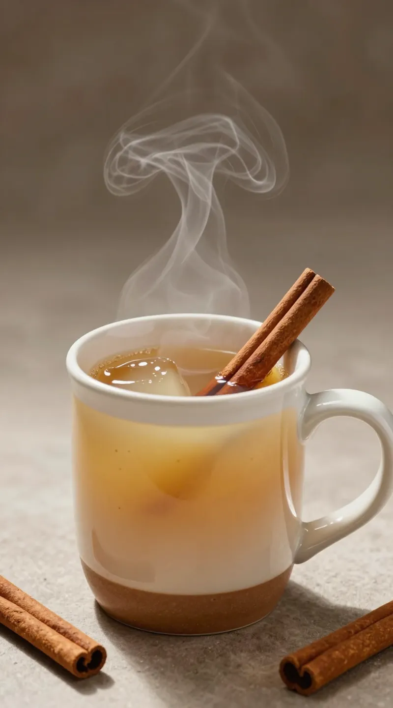 steaming hot buttered rum in ceramic mug, cinnamon stick garnish