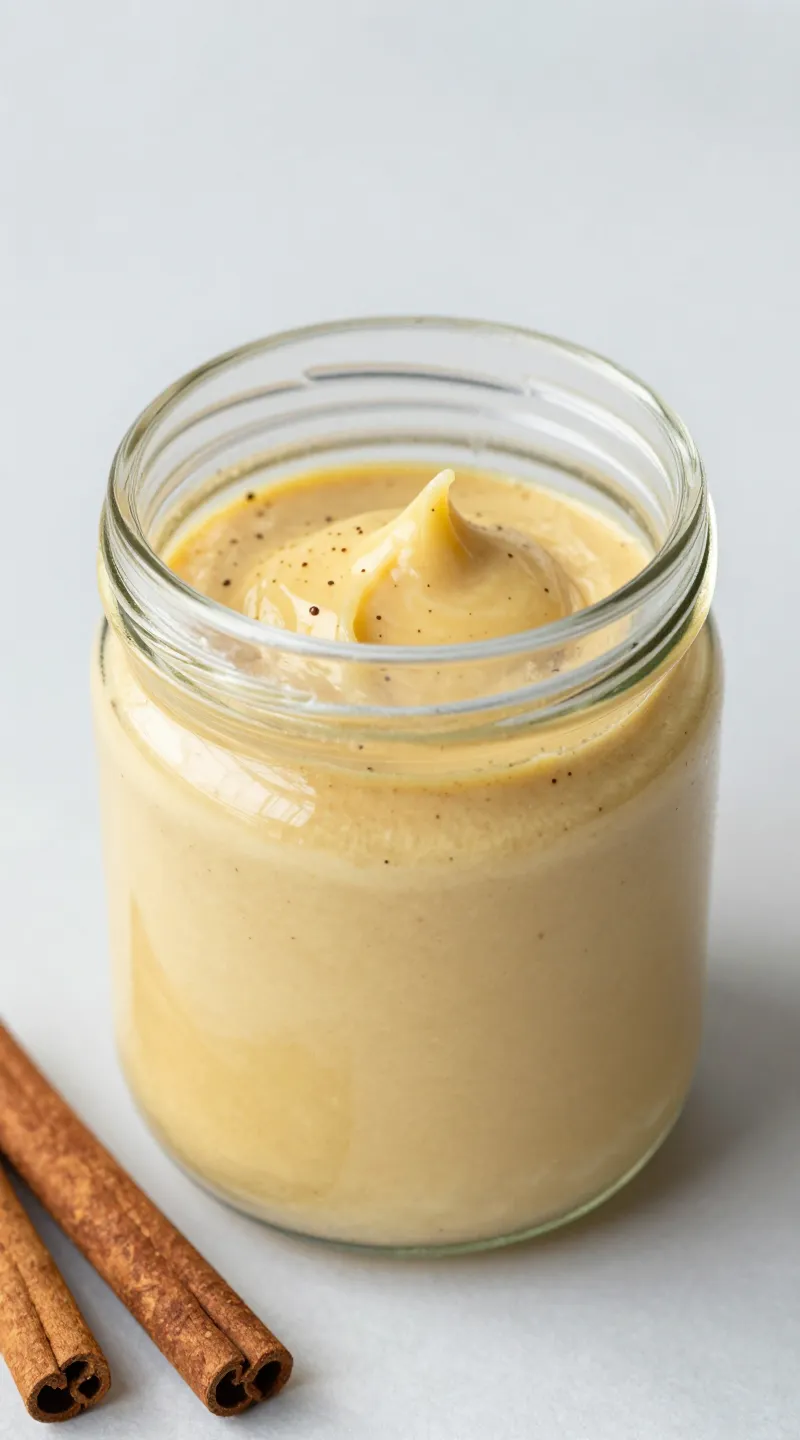 spiced butter batter in glass jar, cinnamon and nutmeg nearby