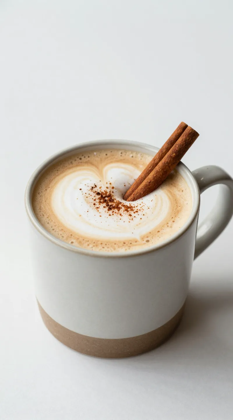 vanilla cinnamon latte in ceramic mug, cinnamon stick garnish