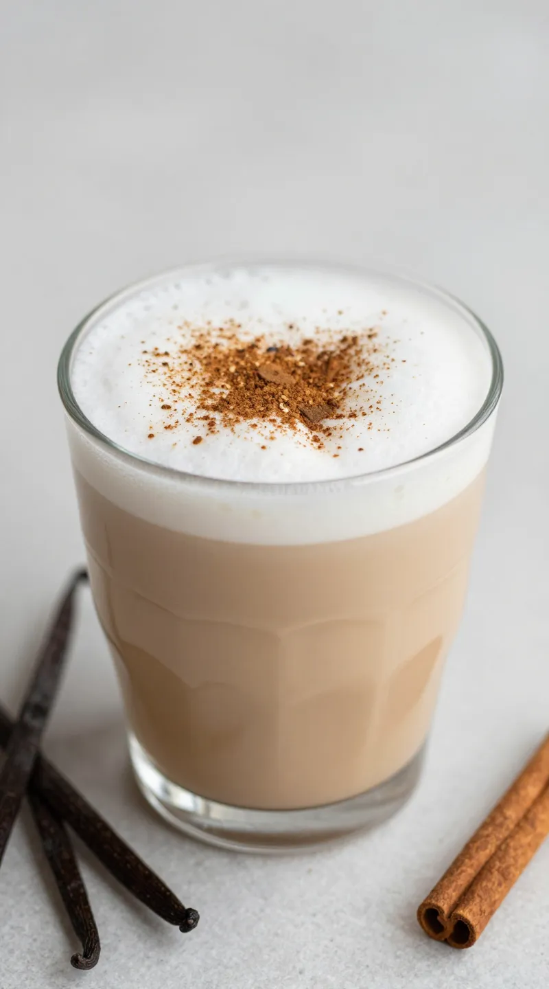 oat milk latte with vanilla bean and ground cinnamon sprinkle