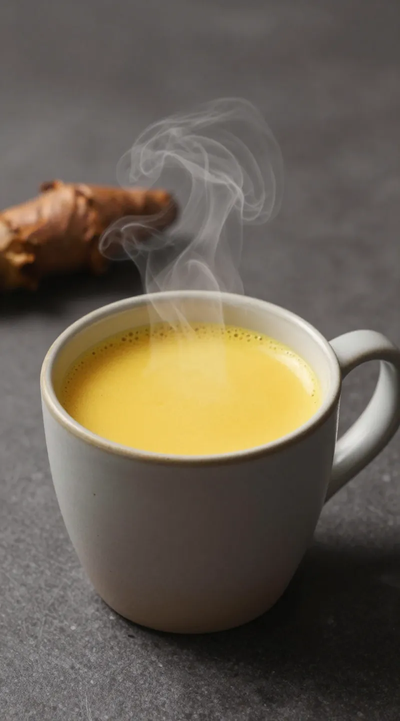 steaming turmeric latte in ceramic mug, golden hue