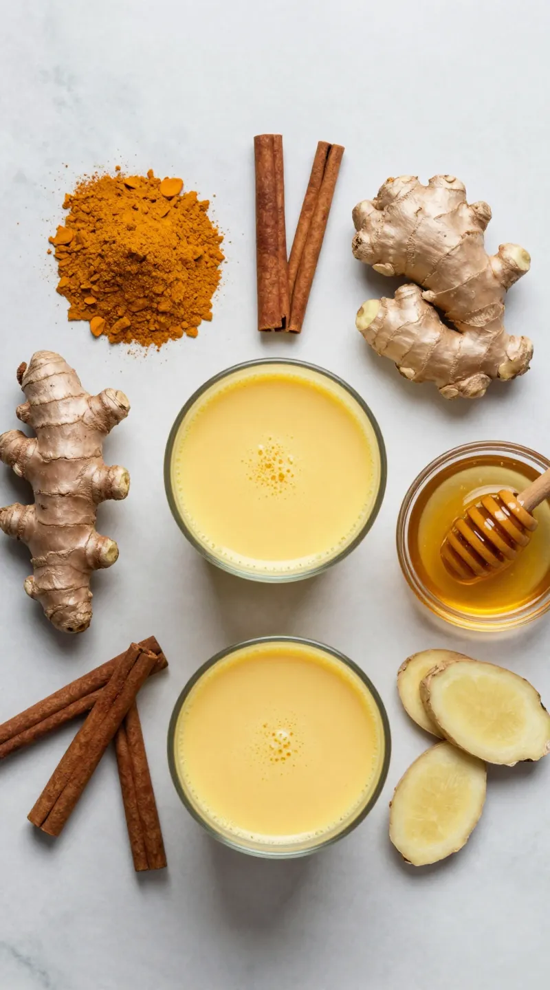 turmeric latte ingredients flatlay: turmeric, cinnamon, ginger, honey