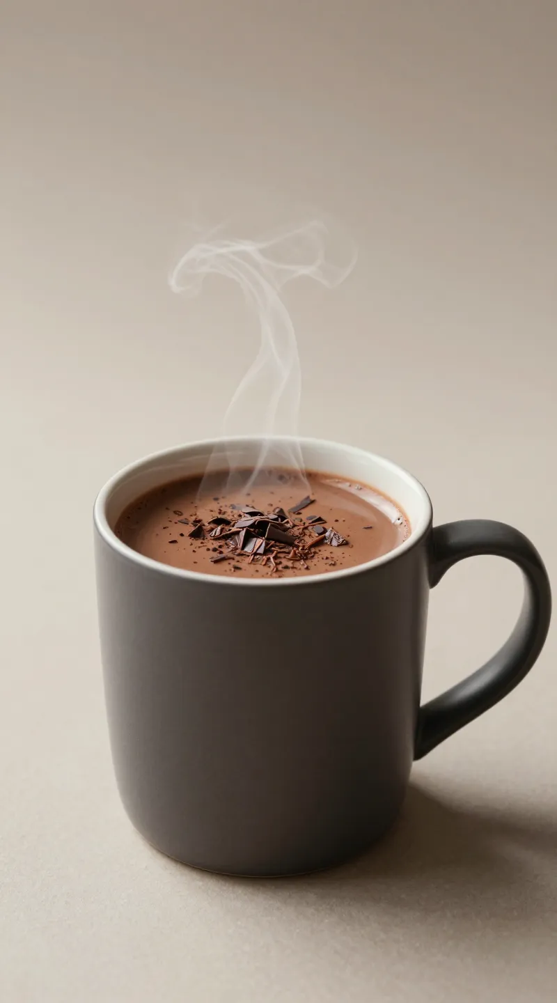 steaming hot chocolate in matte mug, chocolate shavings, soft light