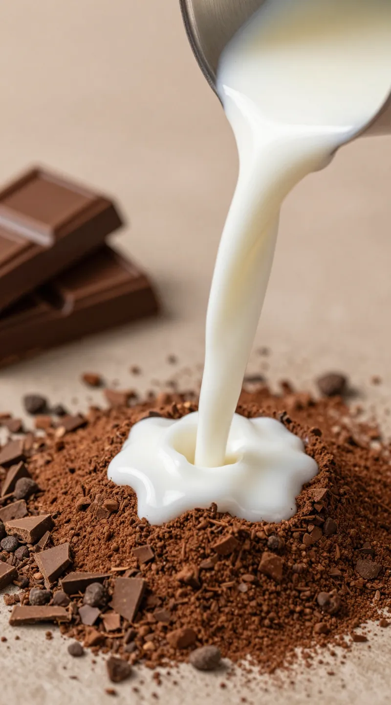 pouring hot milk over cocoa and chopped chocolate, close-up shot