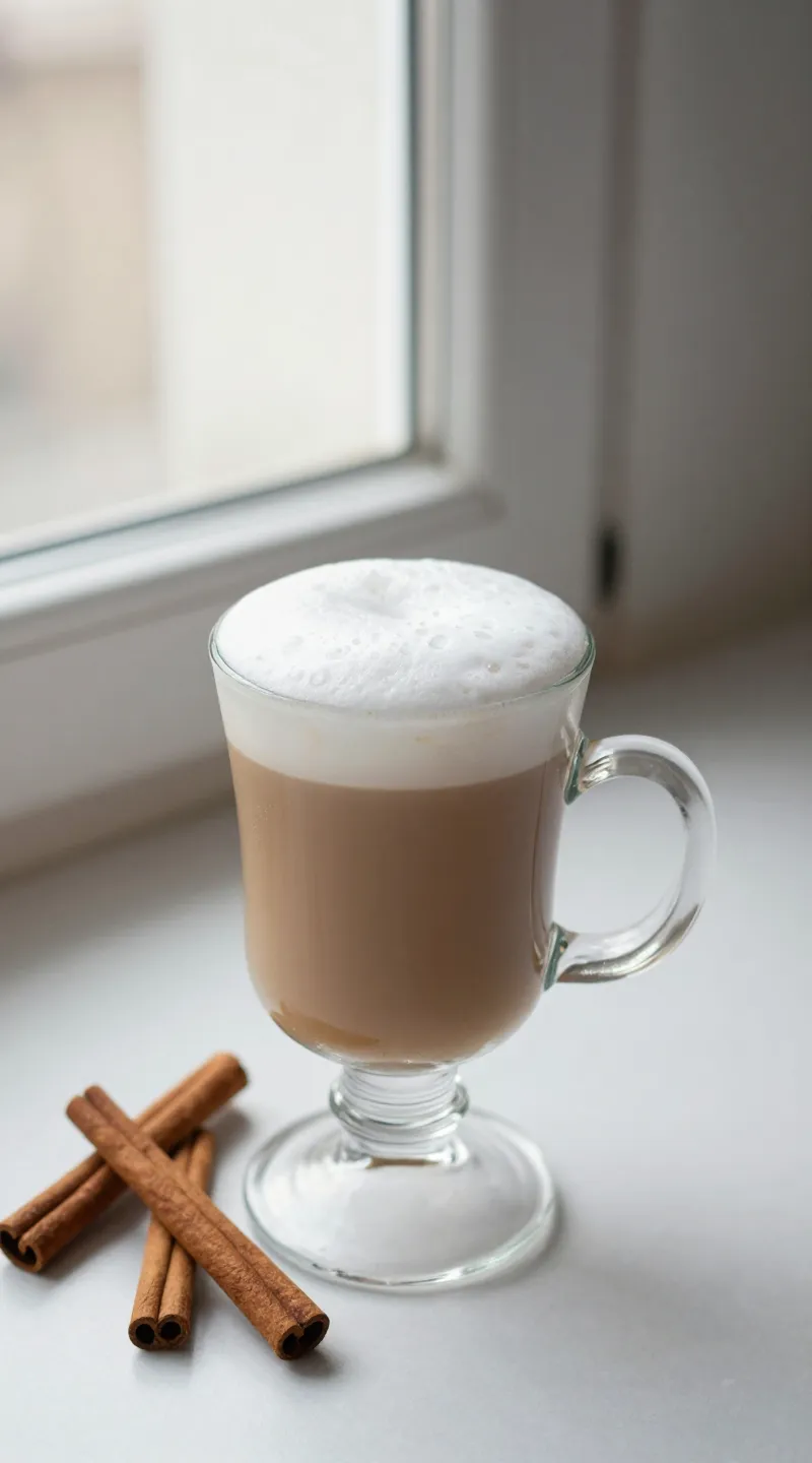 frothy chai latte in glass mug, cinnamon sticks, soft window light