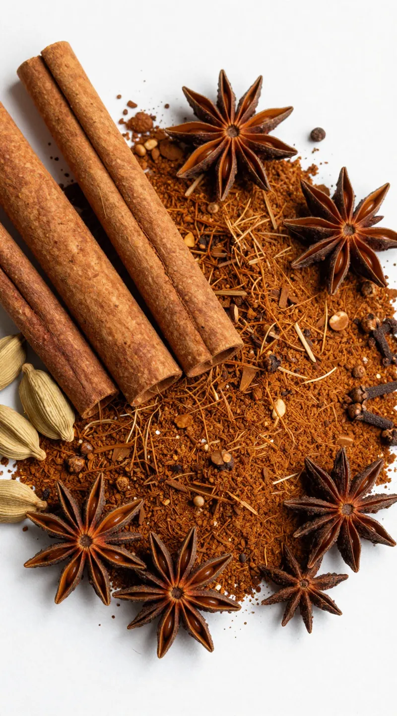 chai spice blend flatlay: cinnamon, cardamom, cloves, star anise