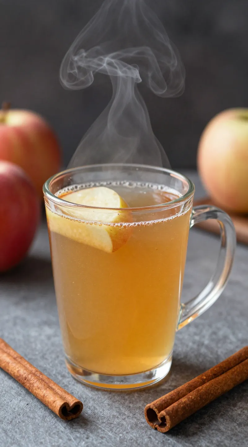 steaming spiced apple cider in clear mug, cinnamon sticks
