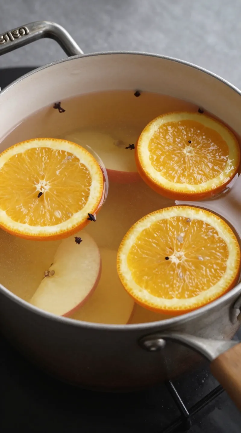 rustic saucepan simmering apple cider with cloves and oranges
