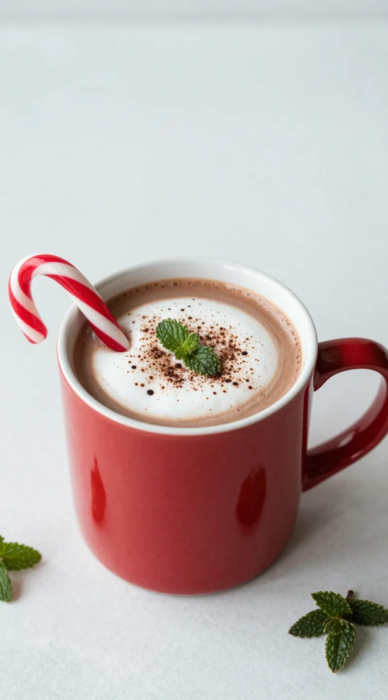 Peppermint hot chocolate in red mug with candy cane