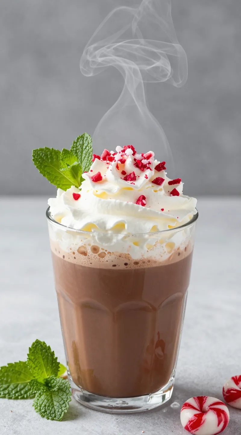 Steaming mint hot cocoa, whipped cream, crushed peppermint topping