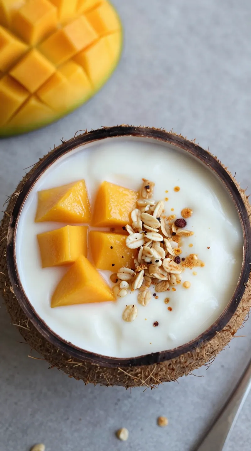 coconut yogurt parfait with mango and toasted oats, top-down shot