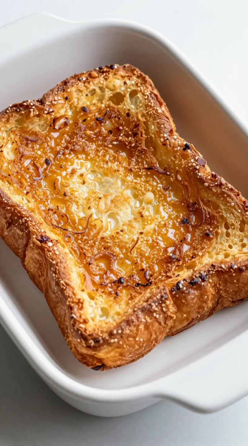 croissant french toast casserole in white dish, crispy top
