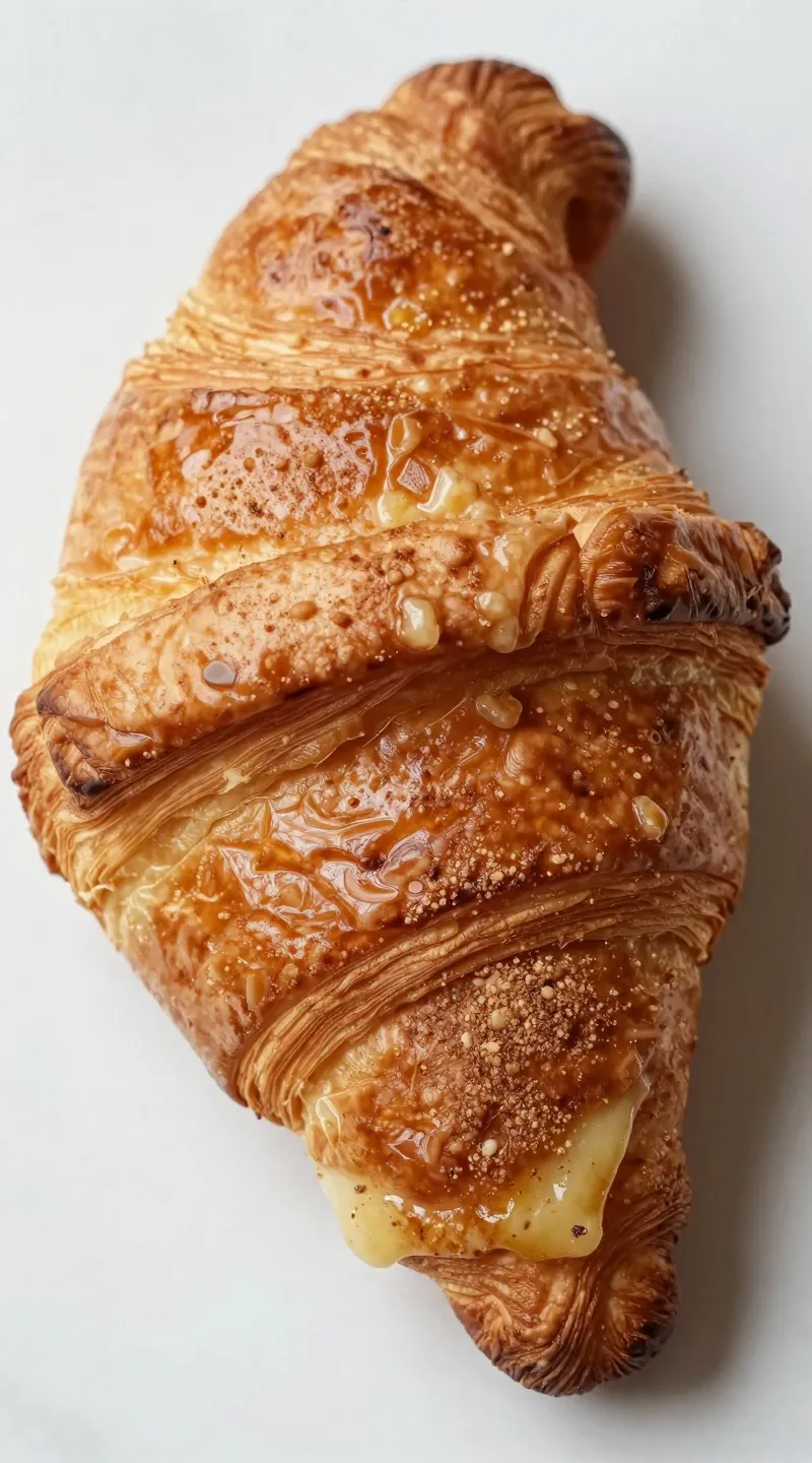 torn croissants soaked in vanilla-cinnamon custard, overhead shot