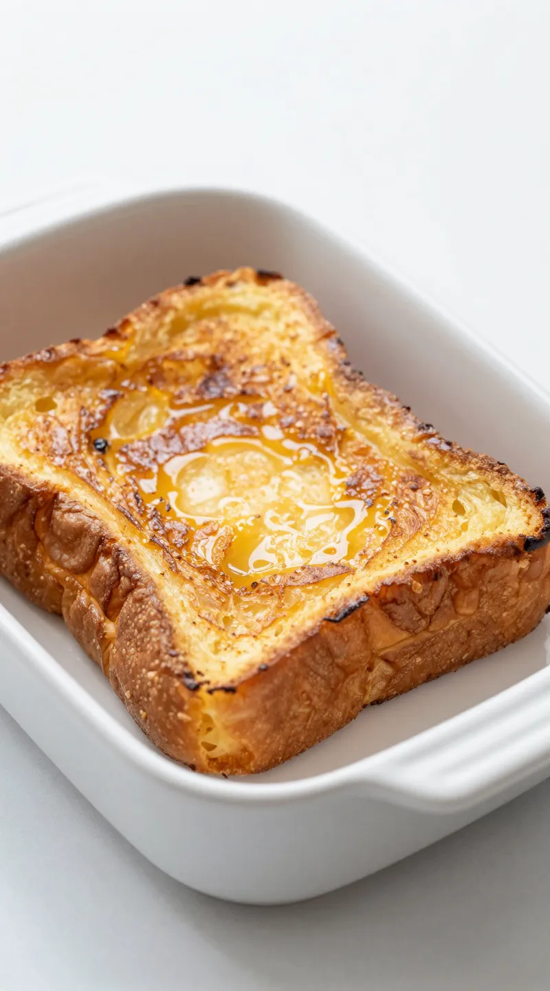 Brioche french toast casserole, golden edges, white baking dish