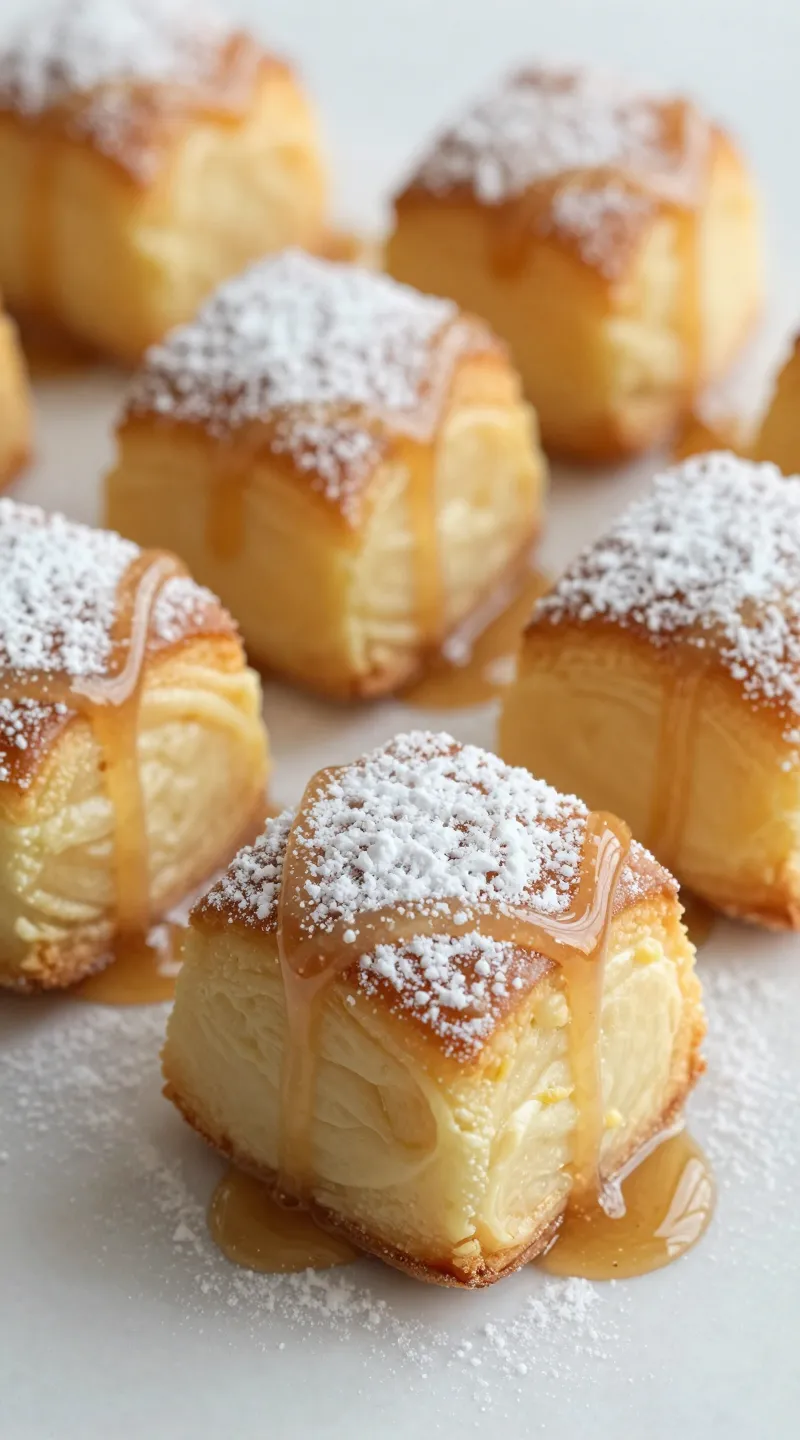 Custardy brioche cubes, maple drizzle, powdered sugar, close-up shot