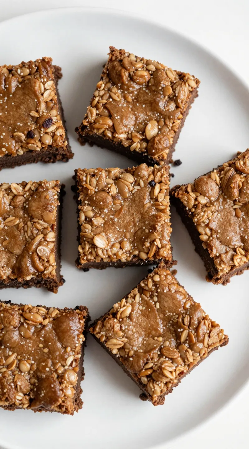 brownie baked oatmeal squares on white plate, overhead