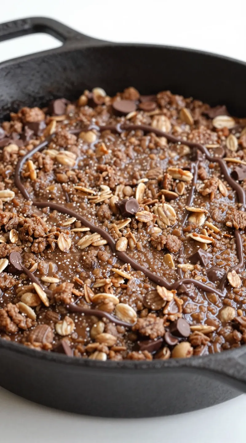 gooey chocolate oatmeal bake in cast-iron skillet, close-up