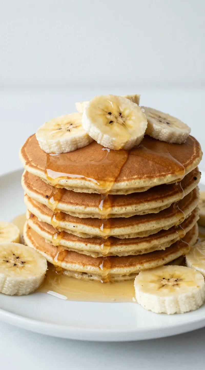 Banana oatmeal pancakes stack with maple drizzle, white plate