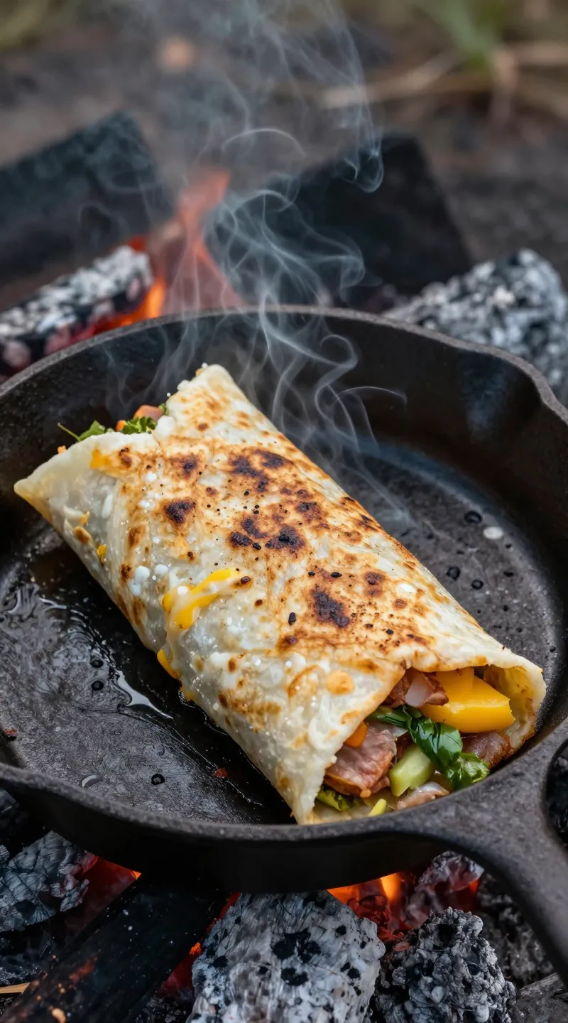 camping breakfast burrito on cast-iron skillet, smoky campfire