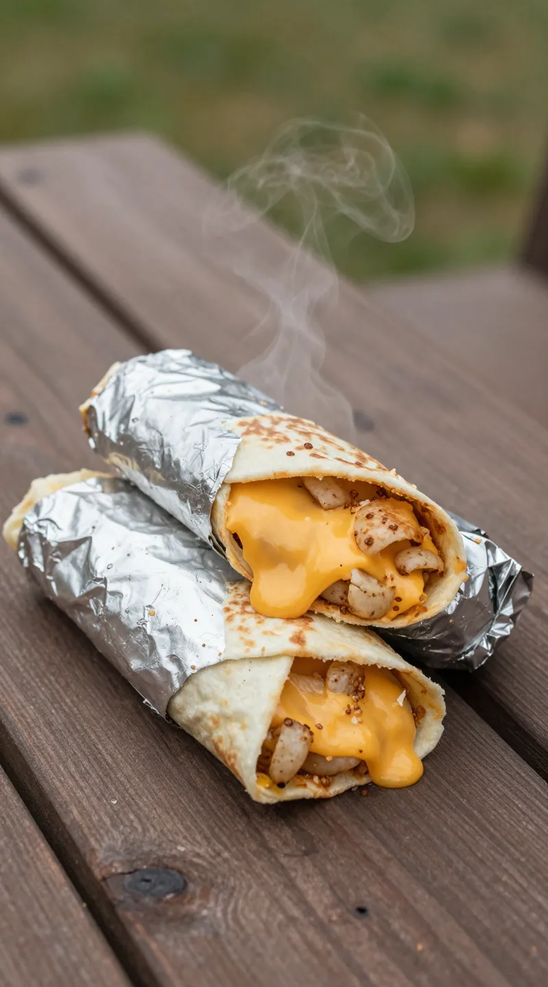 foil-wrapped breakfast burritos on picnic table, gooey cheese steam