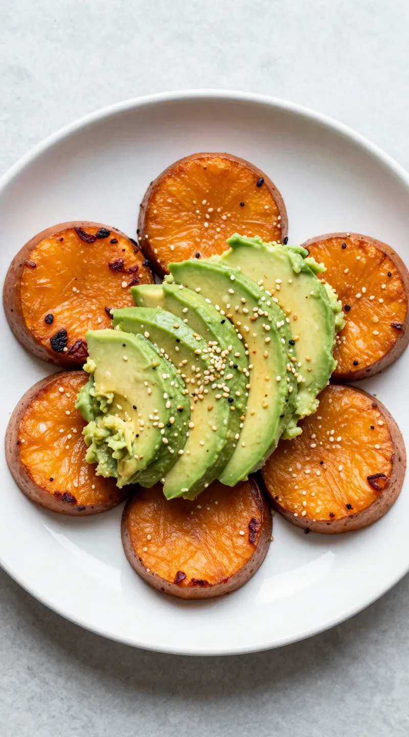 Roasted sweet potato rounds topped with mashed avocado, sesame