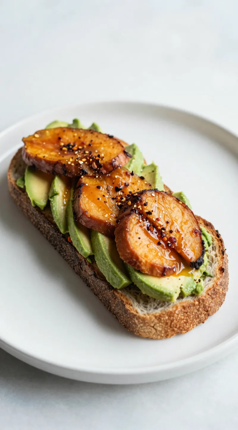 Avocado toast with caramelized sweet potato slices, chili flakes
