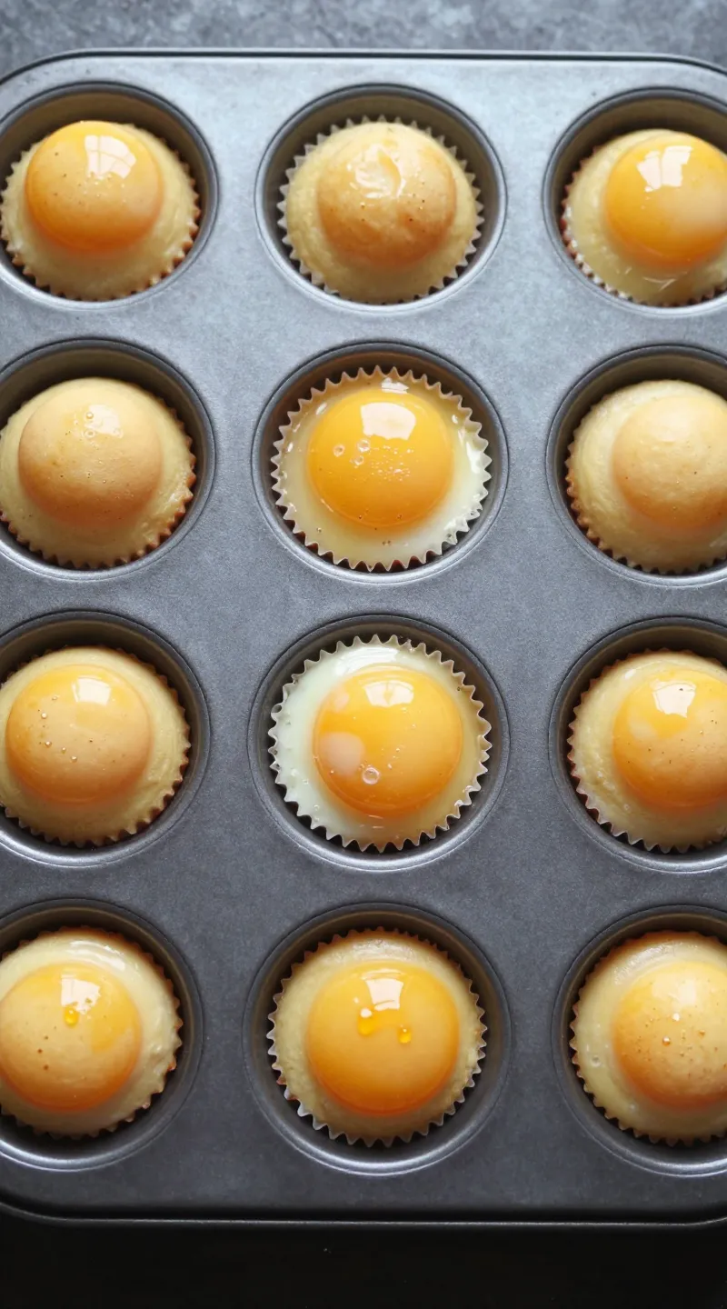 egg breakfast muffins in muffin tin, overhead lighting