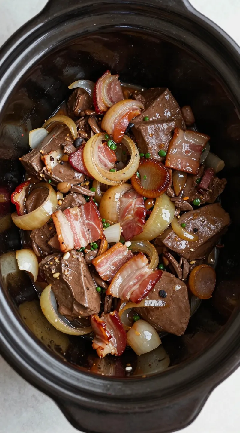 slow cooker liver and bacon with onions, rustic bowl