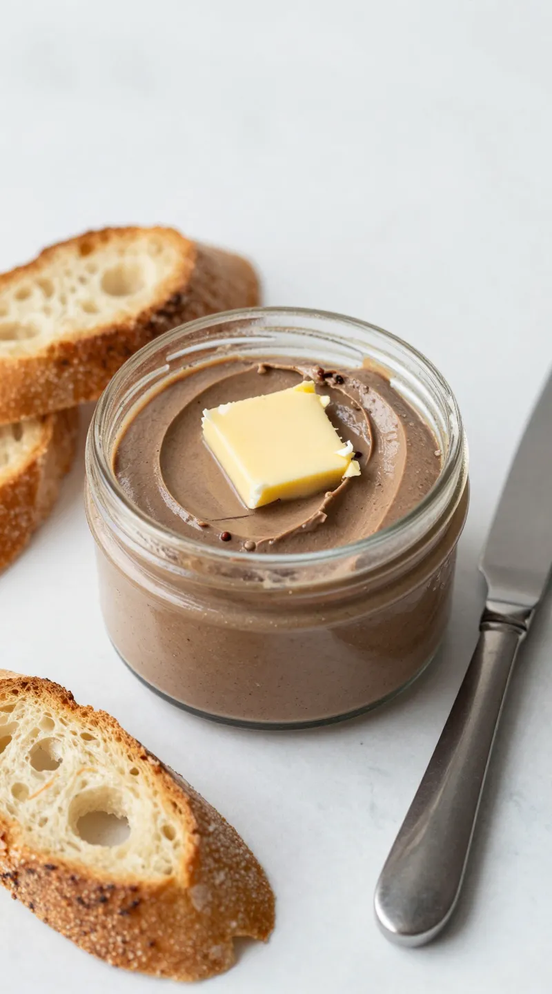 Chicken liver pâté in jar with butter, crostini, knife