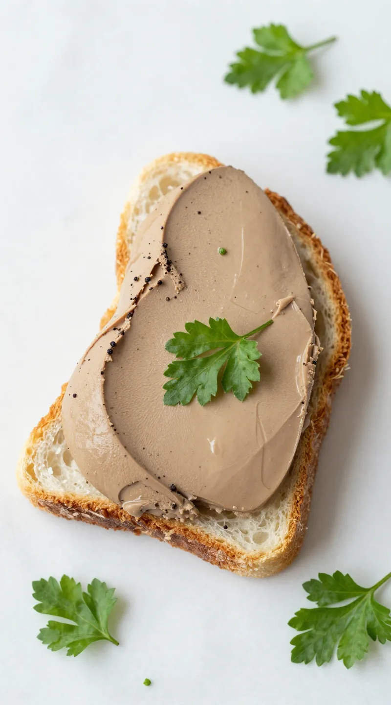Silky chicken liver pâté on toast, parsley, overhead shot