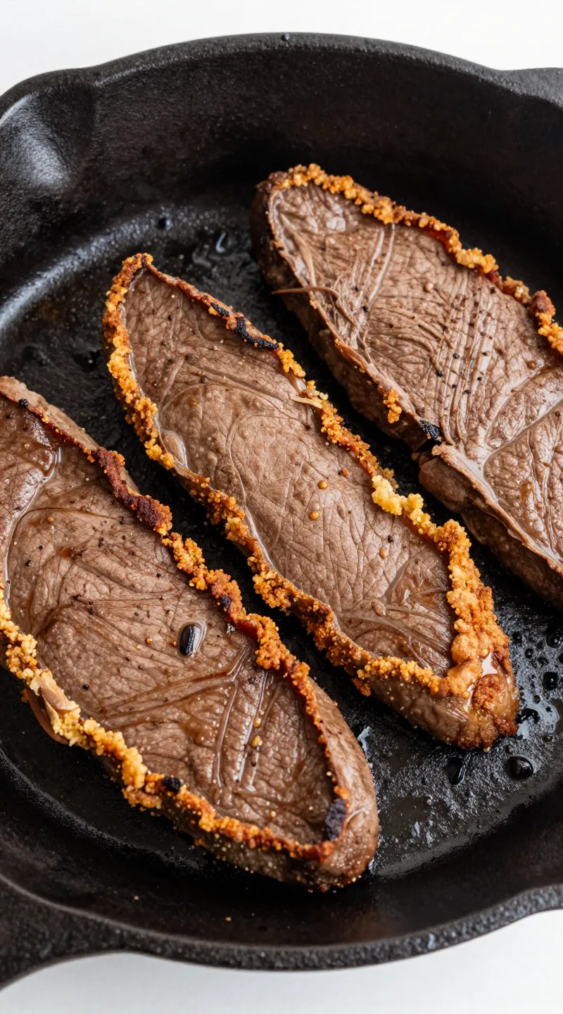 Fried beef liver slices, crispy edges, on cast-iron skillet