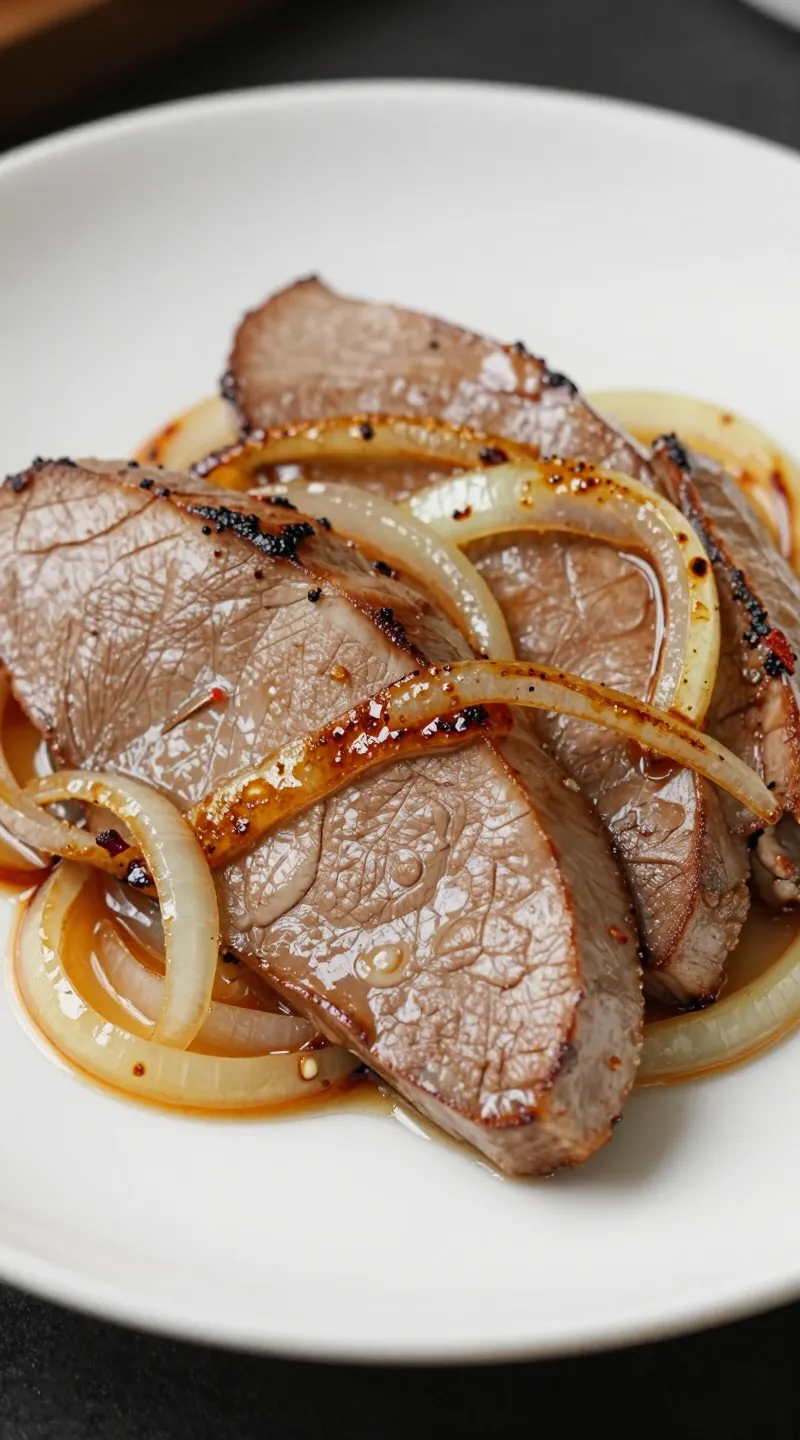 Sliced calf liver with onions, golden sear, close-up plating