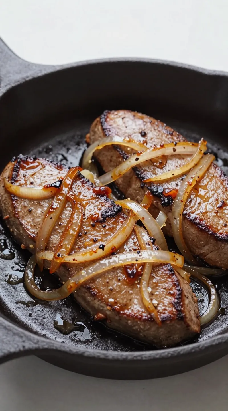 seared calf’s liver with caramelized onions on cast-iron skillet