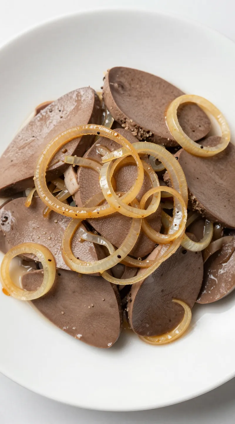 sliced chicken livers with golden onions on white ceramic plate