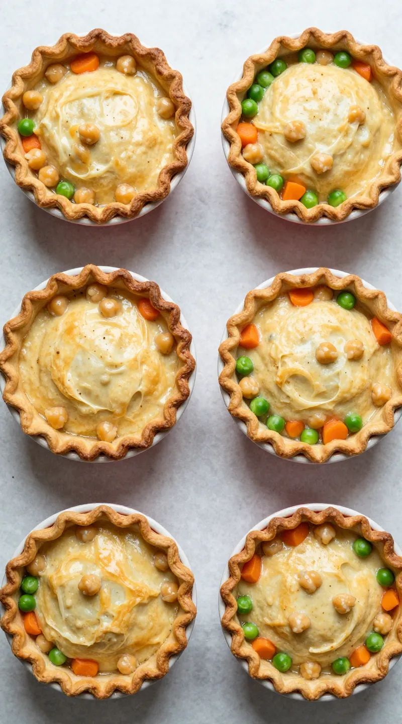 ramekins of chickpea pot pie with peas and carrots, overhead