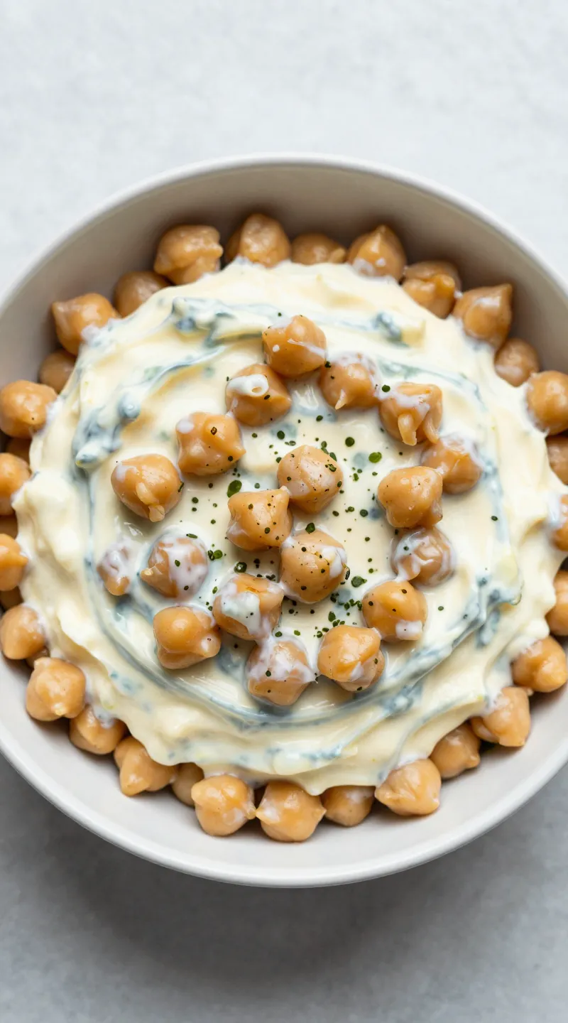 Chickpea egg salad in bowl, creamy, garnished, overhead