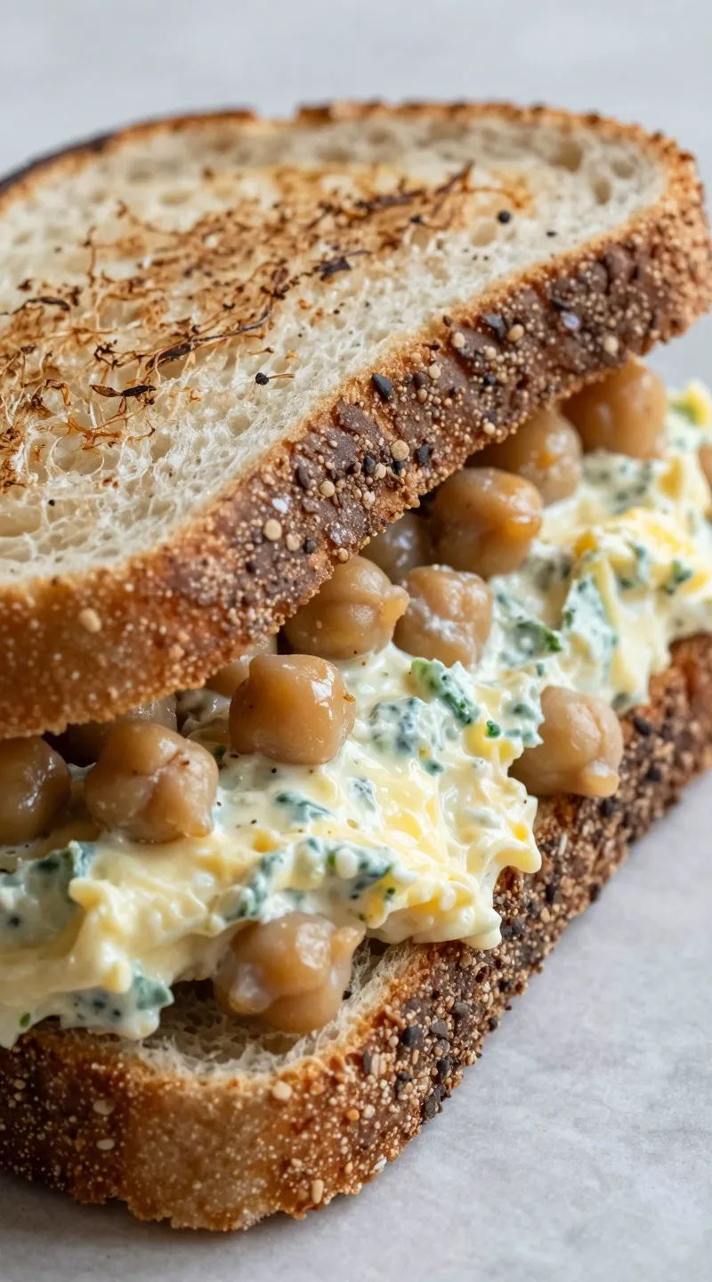 Chickpea egg salad sandwich on sourdough, close-up, natural light