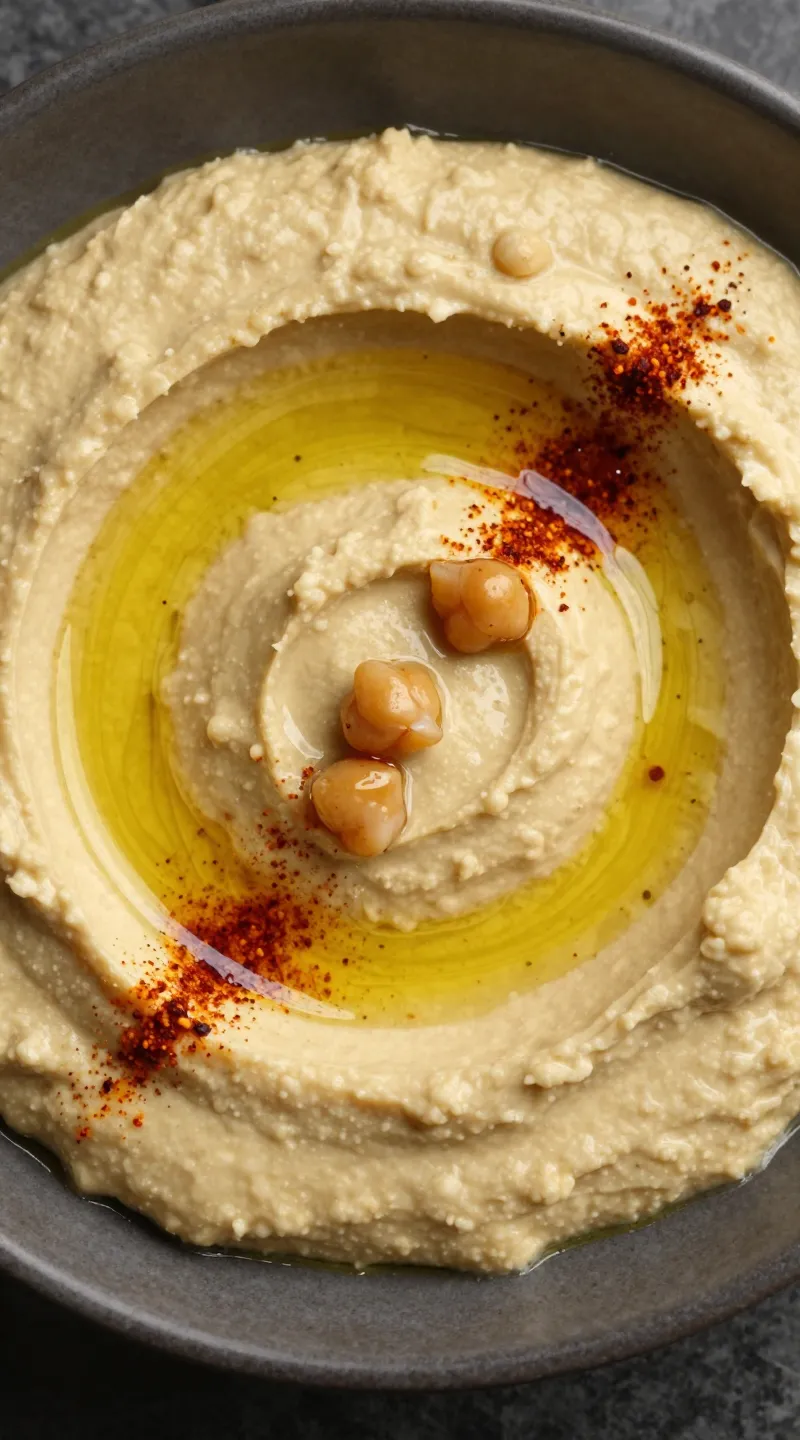 Smooth chickpea hummus swirl with olive oil and paprika