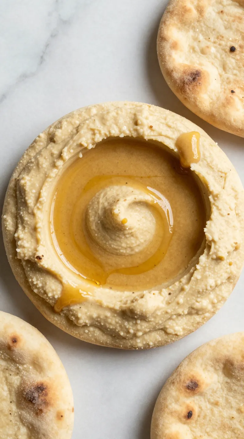 Tahini-drizzled hummus with warm pita on marble surface
