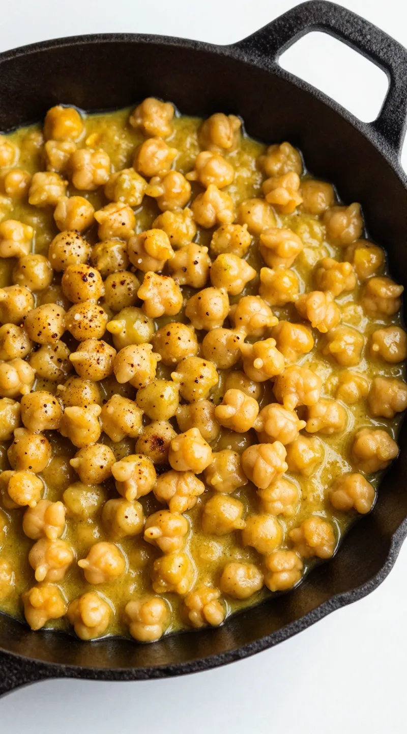 chickpea curry in cast-iron skillet, toasted spices visible